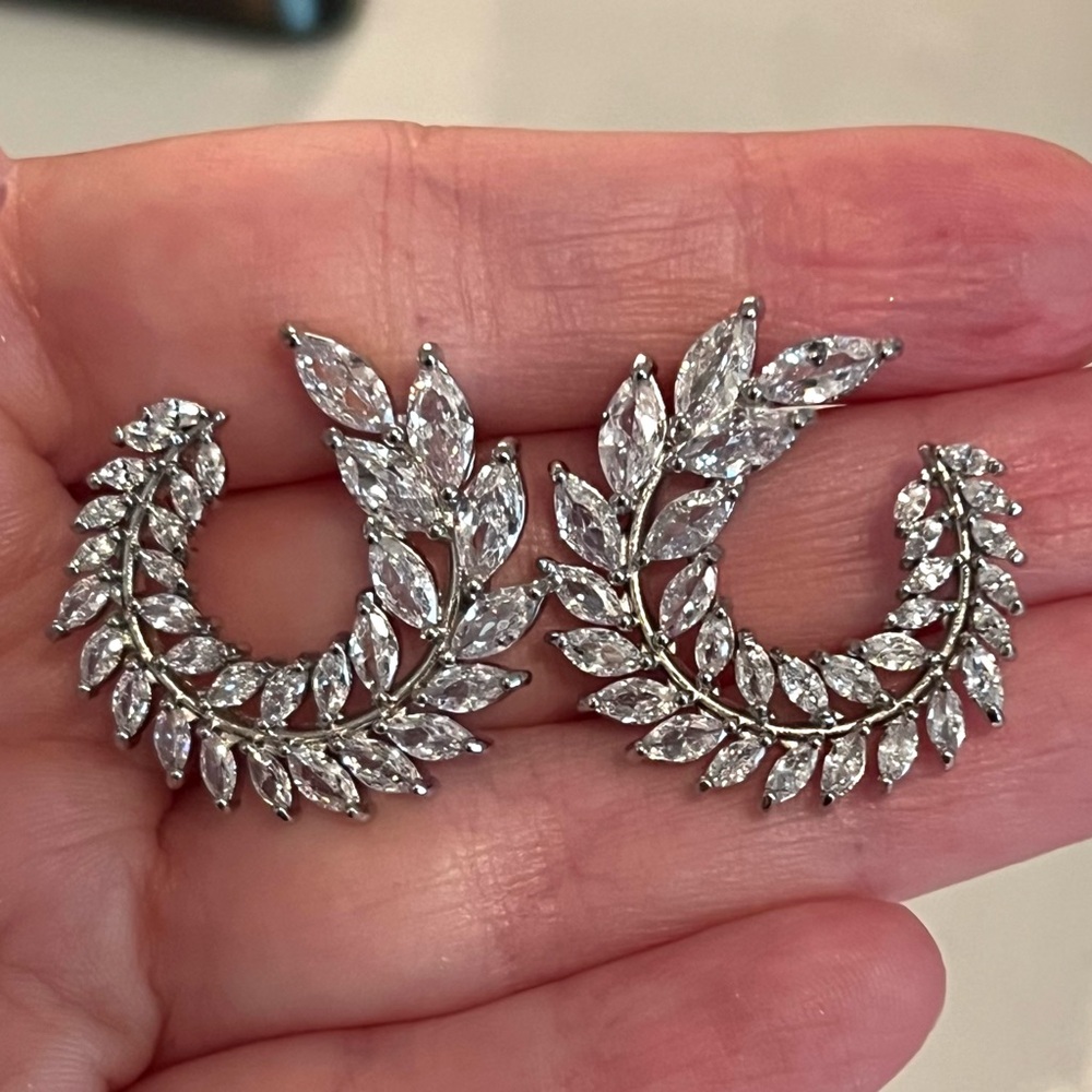 White Sapphire Silver Leaf Hoop Earrings